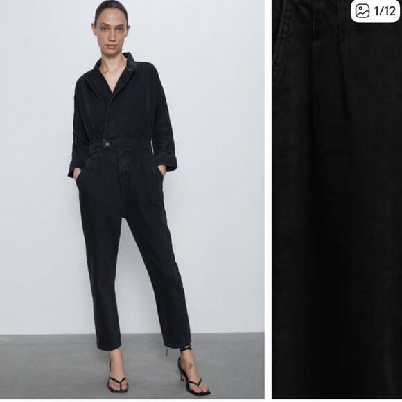 Zara Black Denim Lyocell Cotton Jumpsuit Long Sleeve Utility Boiler Suit Size XS - Picture 11 of 14